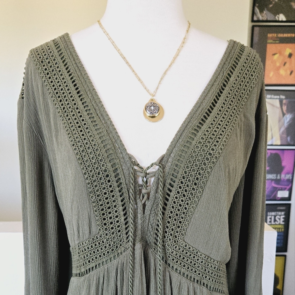 TORRID Mini Gauze Lace-Up Skater Dress Olive Green 4X - Picture 4 of 14